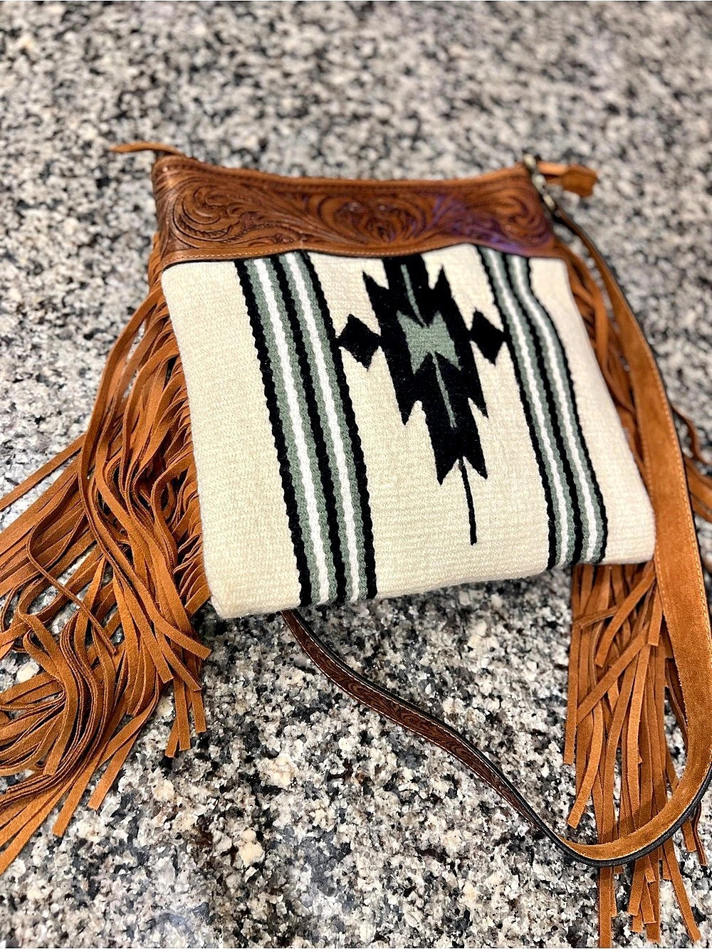 American Darling Southwestern Wool & Tooled Leather Fringe Crossbody Like New